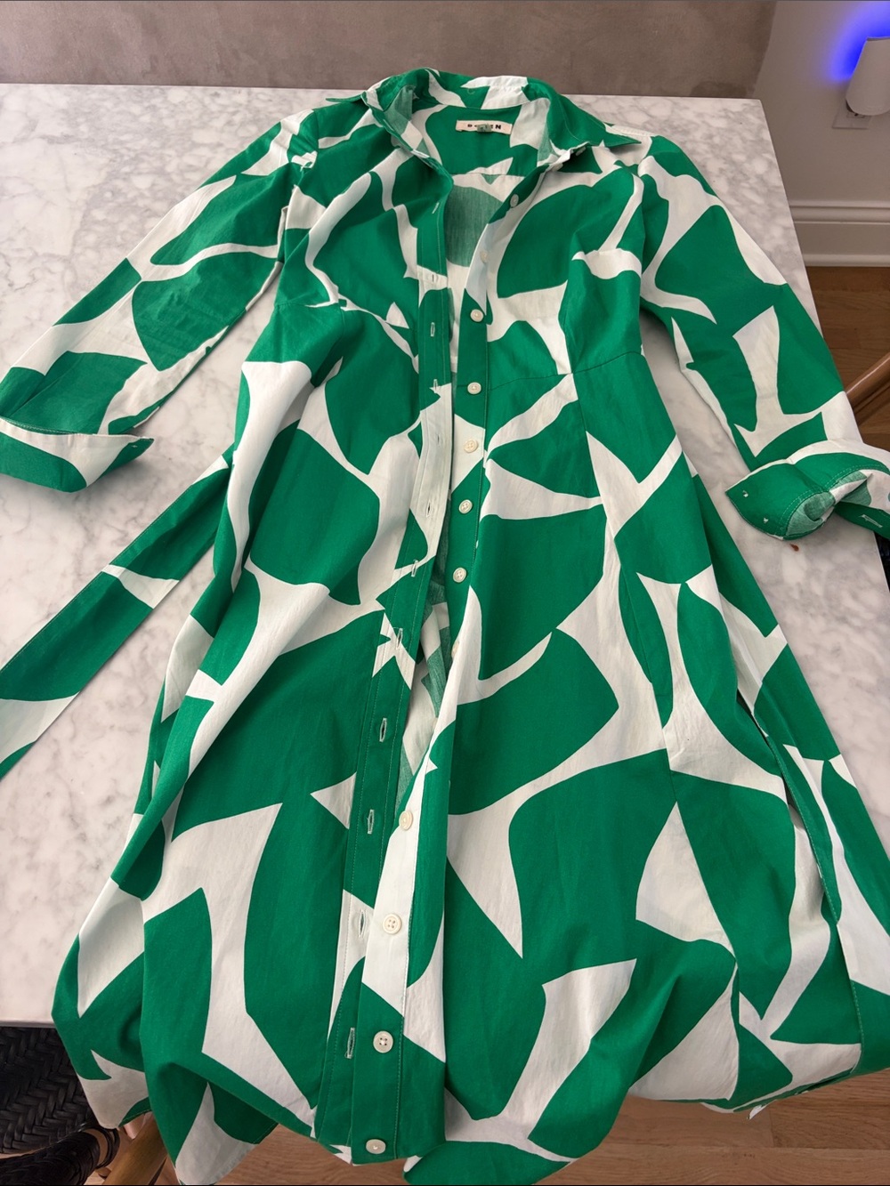 Boden Long Sleeve Green and White Abstract Shirt Dress